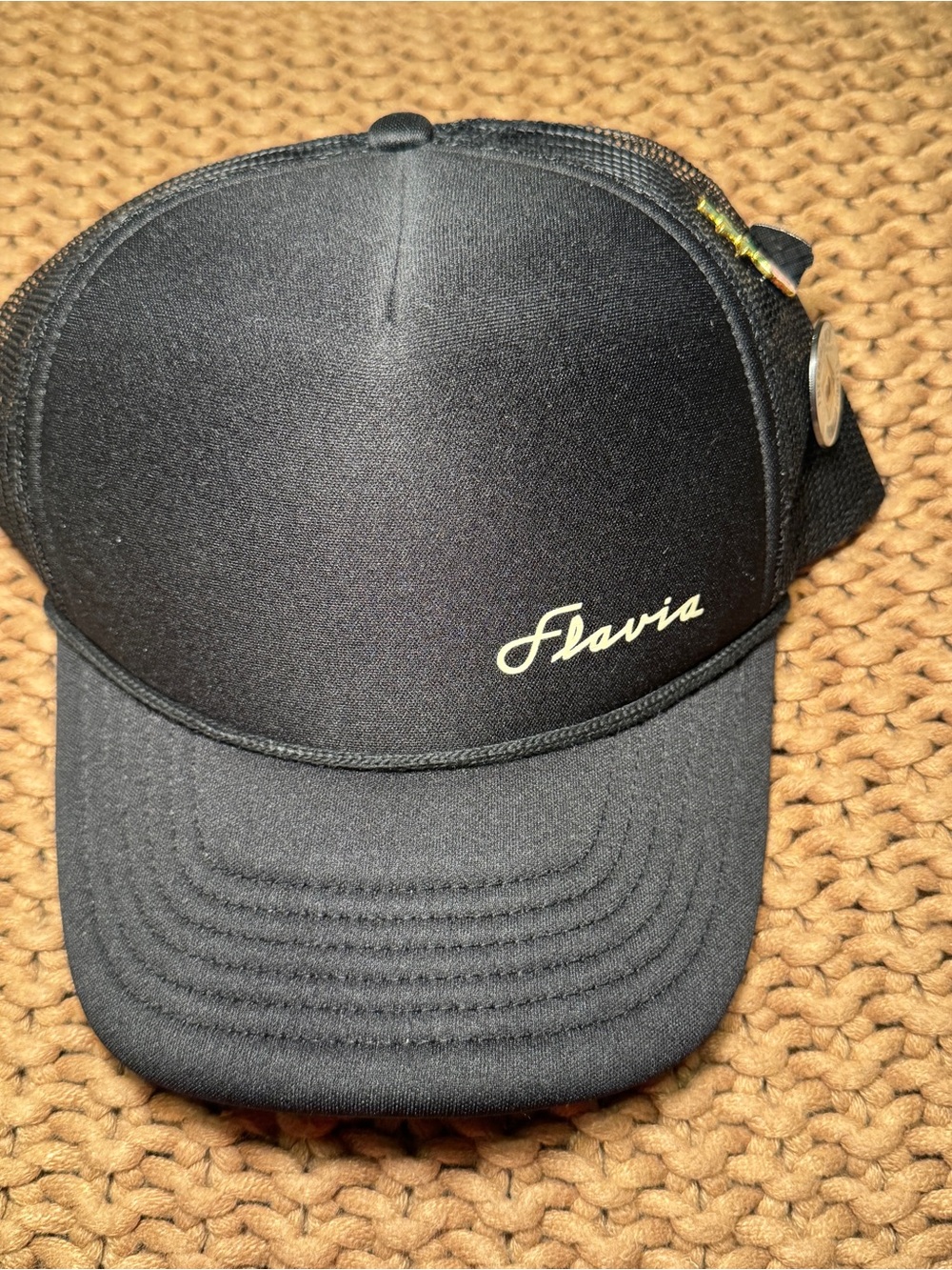 Unisex Black Trucker Cap with Flavia Coffee Logo and 3 Decorative Pins